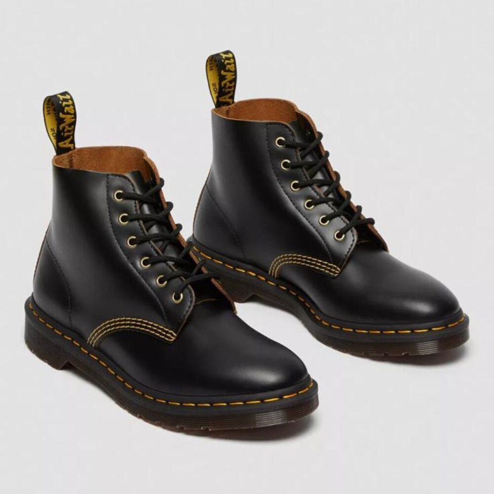 Dr. Martens Black and Yellow Ankle Boots with Iconic Stitching